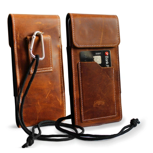 Leather neck case / belt case / loop vertical holster LURESKO HECTOR XXL 167x78x10mm (light brown vintage white thread)