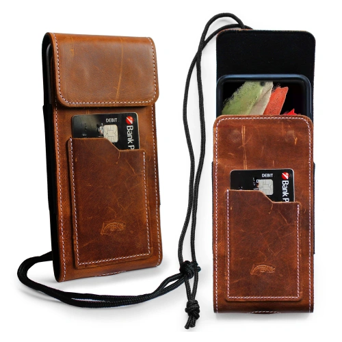 Leather neck case / belt case / loop vertical holster LURESKO HECTOR XXL 167x78x10mm (light brown vintage white thread)