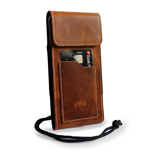 Leather neck case / belt case / loop vertical holster LURESKO HECTOR XXL 167x78x10mm (light brown vintage white thread)