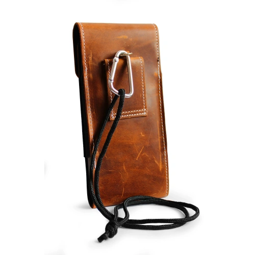 Leather neck case / belt case / loop vertical holster LURESKO HECTOR XXL 167x78x10mm (light brown vintage white thread)