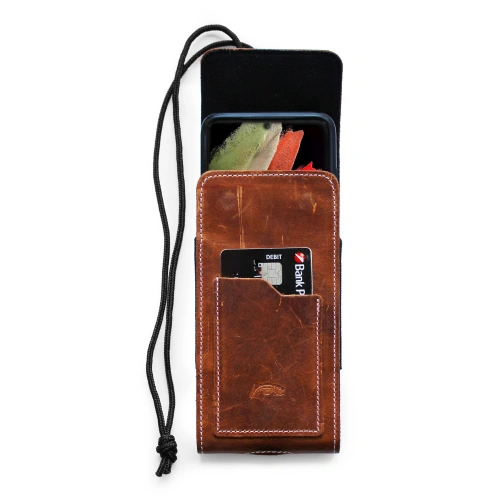 Leather neck case / belt case / loop vertical holster LURESKO HECTOR XXL 167x78x10mm (light brown vintage white thread)