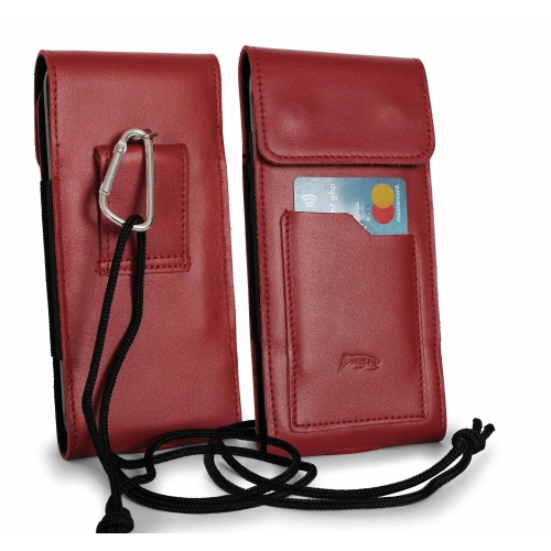Leather neck pouch / belt pouch / vertical holster LURESKO HECTOR XXL 167x78x10mm (smooth red red thread)