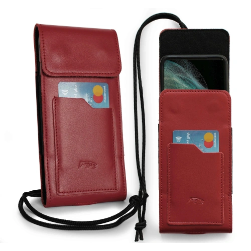 Leather neck pouch / belt pouch / vertical holster LURESKO HECTOR XXL 167x78x10mm (smooth red red thread)