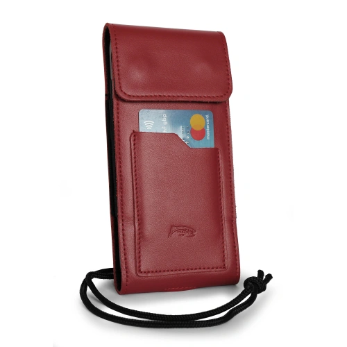 Leather neck pouch / belt pouch / vertical holster LURESKO HECTOR XXL 167x78x10mm (smooth red red thread)