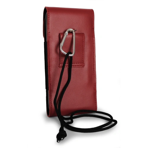 Leather neck pouch / belt pouch / vertical holster LURESKO HECTOR XXL 167x78x10mm (smooth red red thread)