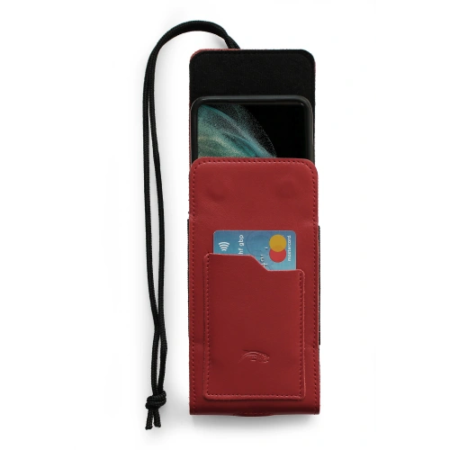 Leather neck pouch / belt pouch / vertical holster LURESKO HECTOR XXL 167x78x10mm (smooth red red thread)
