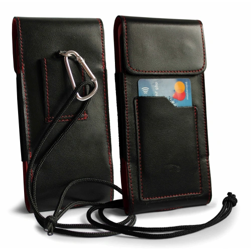 Leather neck / belt / loop vertical holster LURESKO HECTOR XXL 167x78x10mm (black smooth red thread red interior)