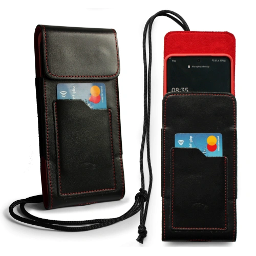 Leather neck / belt / loop vertical holster LURESKO HECTOR XXL 167x78x10mm (black smooth red thread red interior)