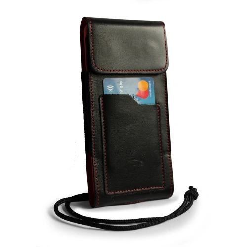 Leather neck / belt / loop vertical holster LURESKO HECTOR XXL 167x78x10mm (black smooth red thread red interior)