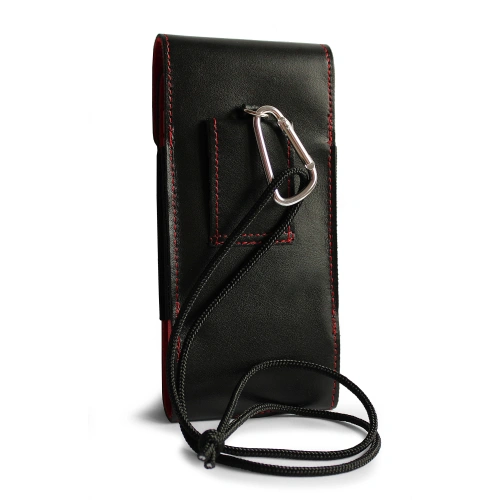 Leather neck / belt / loop vertical holster LURESKO HECTOR XXL 167x78x10mm (black smooth red thread red interior)