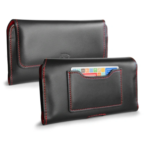 Leather protective case LURESKO ELLA XXL for phone - 170x85x12 / for handbag backpack (black red thread)