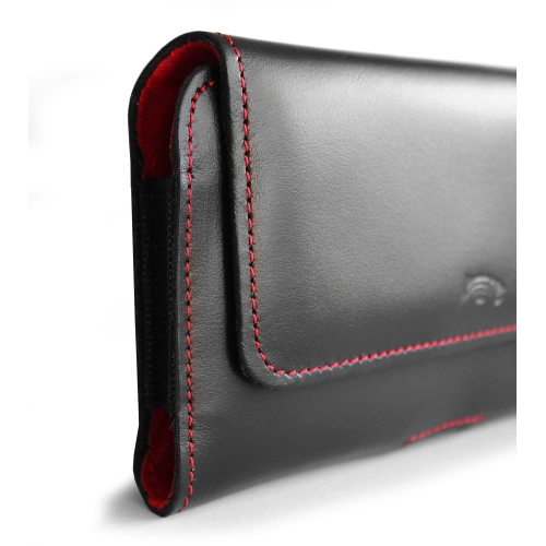 Leather protective case LURESKO ELLA XXL for phone - 170x85x12 / for handbag backpack (black red thread)
