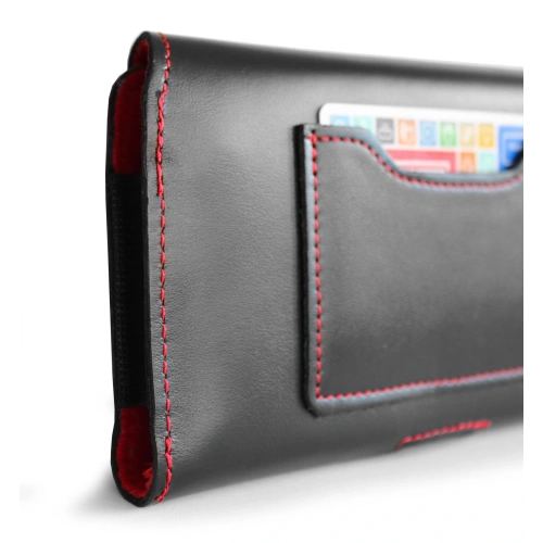 Leather protective case LURESKO ELLA XXL for phone - 170x85x12 / for handbag backpack (black red thread)