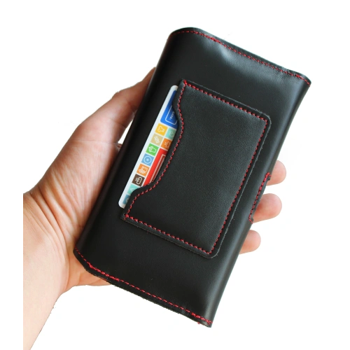 Leather protective case LURESKO ELLA XXL for phone - 170x85x12 / for handbag backpack (black red thread)