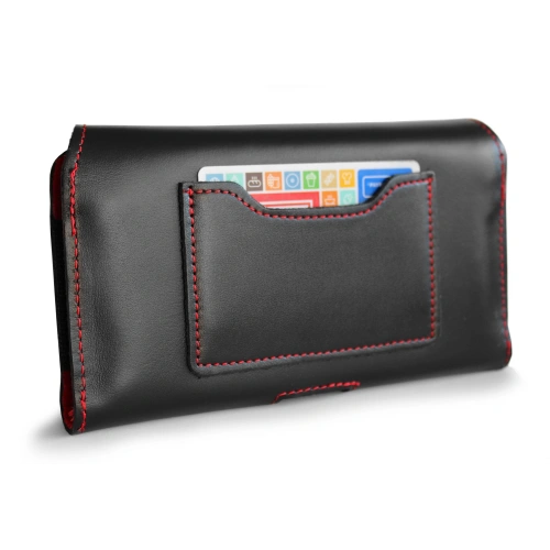 Leather protective case LURESKO ELLA XXL for phone - 170x85x12 / for handbag backpack (black red thread)