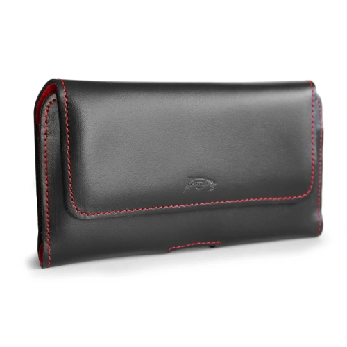 Leather protective case LURESKO ELLA XXL for phone - 170x85x12 / for handbag backpack (black red thread)