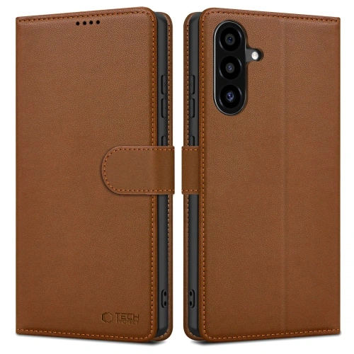 Etui z klapką Tech-Protect Wallet w brązowym kolorze, wykonane z ekologicznej skóry.