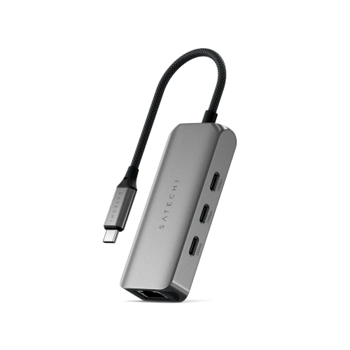 Satechi 4in1 USB-C adapter in gray, featuring USB-C and Ethernet ports, ideal for working with laptops.