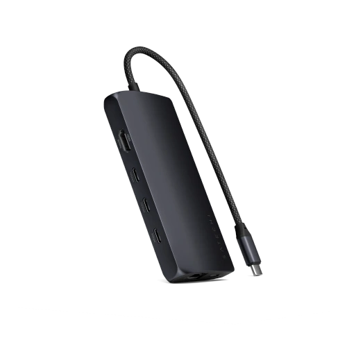 Satechi USB-C adapter in gunmetal color, with various ports for connecting devices.