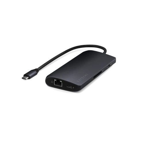 Close-up view of the Satechi adapter, showcasing USB-C, HDMI, and Ethernet ports.