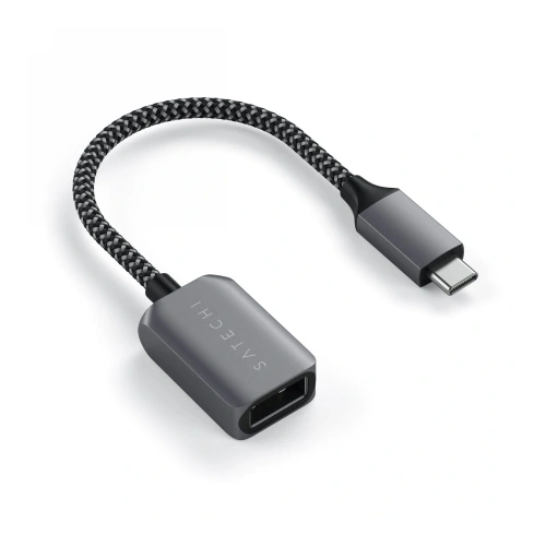 Satechi USB-C / USB-A 3.0 adapter in gray, close-up of ports and details.