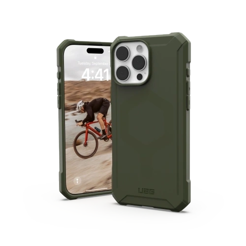 Etui UAG zamontowane na iPhone 16 Pro Max, prezentujące nowoczesny design i ochronę.