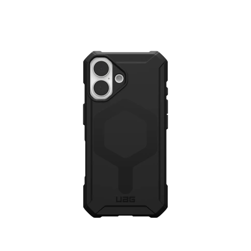 Etui UAG Urban Armor Gear w kolorze czarnym, pokazujące hybrydowy materiał i design z MagSafe.