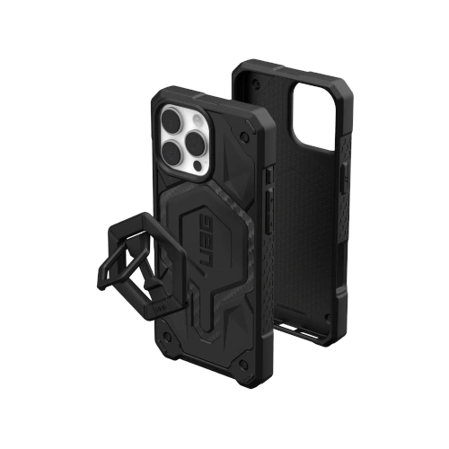 Etui UAG z bliska, podkreślające elegancki design z wł&oacute;kna węglowego.