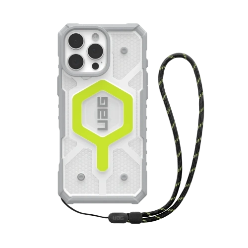 Θήκη UAG Pathfinder Clear MagSafe σε χρώμα active neon, ιδανικά προσαρμοσμένη στο iPhone 16 Pro Max.