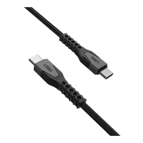 Zbliżenie na kabel USB-C UAG, pokazujące solidną konstrukcję i maksymalne obciążenie 60W.