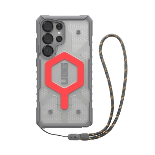 Θήκη UAG Pathfinder Clear σε χρώμα active lava, τέλεια προσαρμοσμένη στο Samsung Galaxy S25 Ultra.