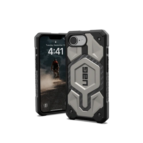 Etui UAG Monarch Pro w kolorze tytanowym, idealnie dopasowane do Apple iPhone 16e.