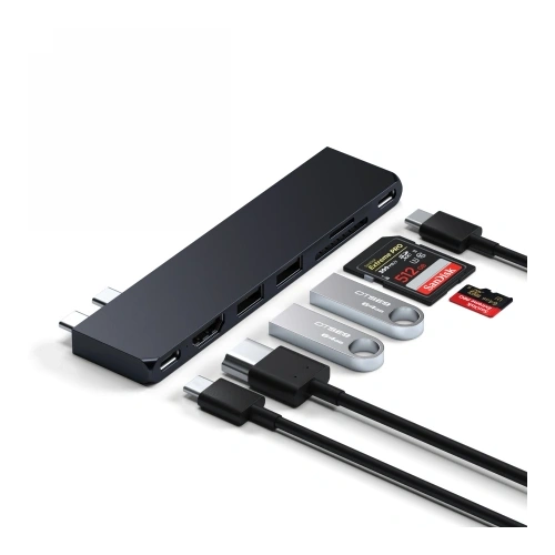 Close-up view of the Satechi hub showing USB-A, USB-C connectors, and SD/microSD card slots.