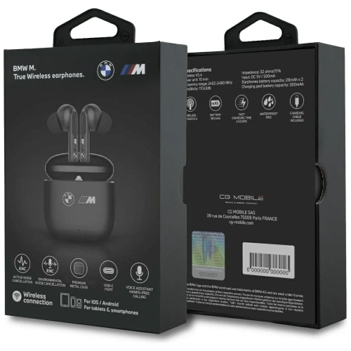 Słuchawki dokanałowe BMW M w czarnym kolorze, doskonałe do aktywności na świeżym powietrzu.