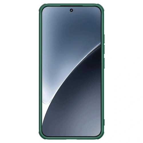 Husa verde Nillkin pe telefonul Xiaomi 15, subliniind designul său modern.
