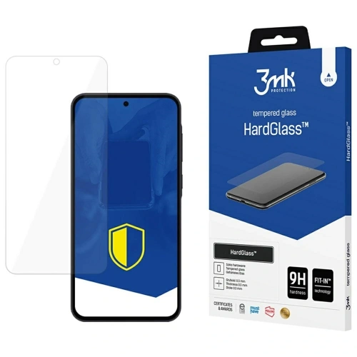 Szkło hartowane 3MK HardGlass do Samsung Galaxy A36/A56, ukazujące wysoką odporność na zarysowania i zestaw do aplikacji.