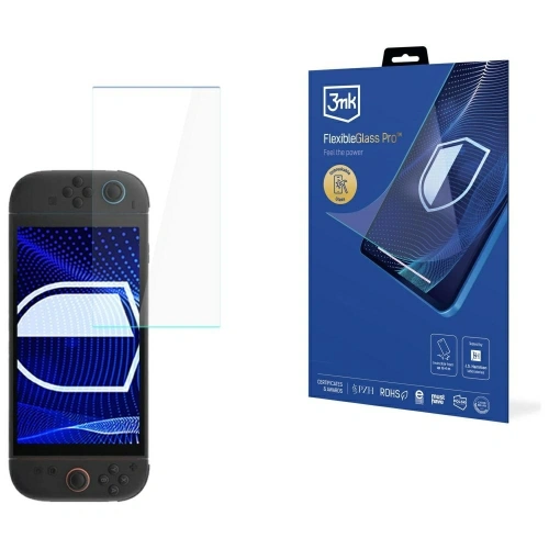 Szkło hybrydowe 3MK FlexibleGlass Pro do Nintendo Switch 2 na tle białym, ukazujące jego przezroczystość.