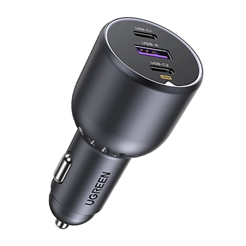 UGREEN EC705 charger in the cigarette lighter socket, view of USB-C ports