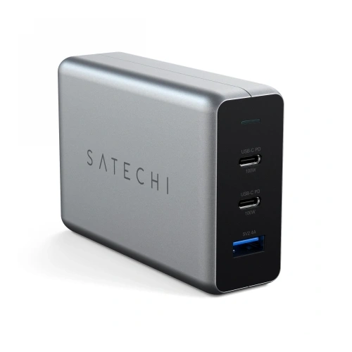 Satechi PD GaN Charger 100W in gray, showing the USB-A and USB-C ports.