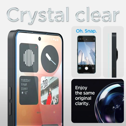 Tempered glass Spigen with 9H scratch resistance, protecting the phone screen.