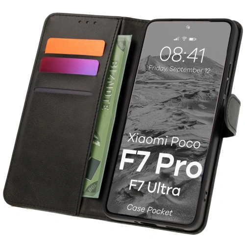 Etui z klapką Bizon Case Pocket w kolorze czarnym, idealne dla Xiaomi POCO F7 Pro / F7 Ultra.