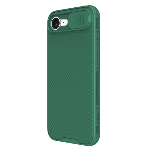 Nillkin Camshield Pro case in deep green, perfectly fitted for iPhone 16e.