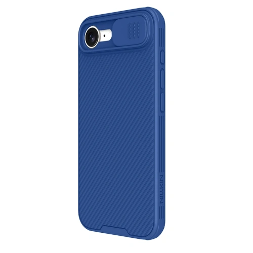 Nillkin Camshield Pro case in blue, perfectly fitted to iPhone 16e.