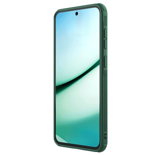 Nillkin Camshield Pro case in dark green shade, stylishly displayed on a table.