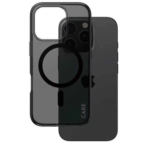 Widok z boku etui CARE, podkreślający jego hybrydowy materiał i elegancki design.