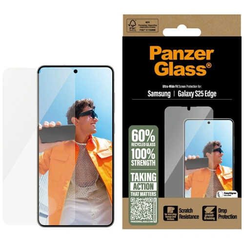 Szkło hartowane PanzerGlass Ultra-Wide Fit na Samsung Galaxy S25 Edge, idealnie dopasowane do ekranu.