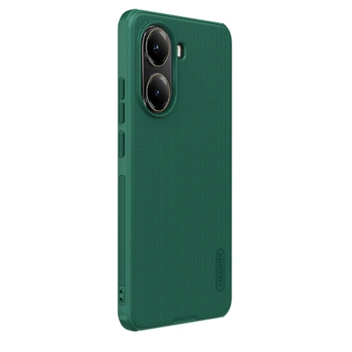 Green Nillkin case on a white background, showcasing hybrid material and precise cutouts.
