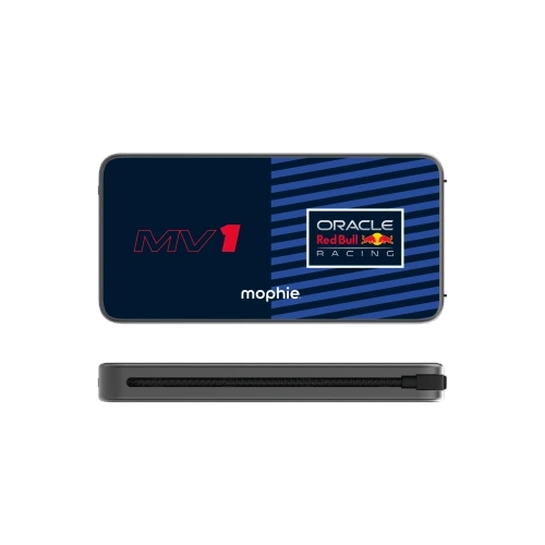 Powerbank Mophie Powerstation Plus 10K w kolorze czerwonym, z wbudowanym kablem USB-C i Lightning, idealny do ładowania trzech urządzeń.