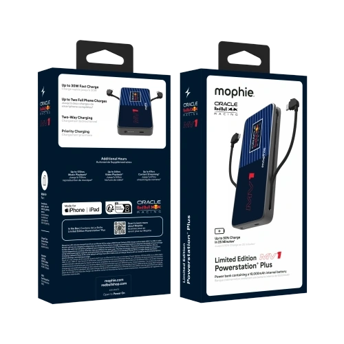 Zbliżenie na Powerbank Mophie Powerstation Plus 10K, ukazujące jego pojemność 10000mAh i nowoczesny design Red Bull Racing.