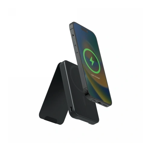 Der magnetische Powerbank Mophie Snap+ Powerstation Mini Stand in Rot, ideal zum Laden von Geräten mit MagSafe.